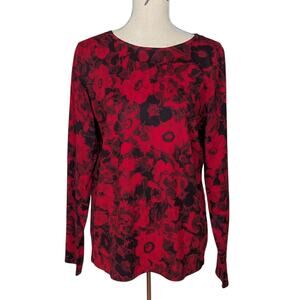 Jones New York Floral Long Sleeve Silk Blend Sweater Red and Black Size XL